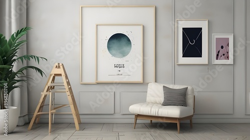 Living room wall poster format. Interior mockup with house background. Modern interior design. 3D rendering