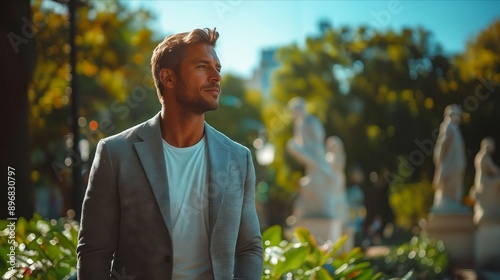 A man in a suit standing in bushes.