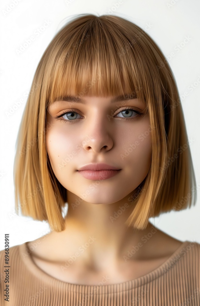 A young woman with bangs and blue eyes. A young woman with bangs and blue eyes.
