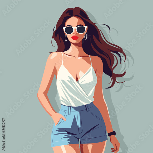 A young woman wearing stylish sunglasses, a white blouse with straps and denim shorts.  Flat fashion illustration, faceless. Vector. Hand drawing. 