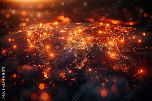 Global Connectivity and Technology: A Digital Map of the World with Glowing City Connections. Realistic Representation of International Business Networks and Technological Advancements.