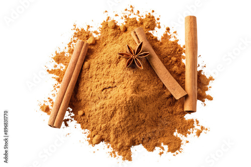 cinnamon powder sticks and star anise isolated on transparent white background, clipping path photo