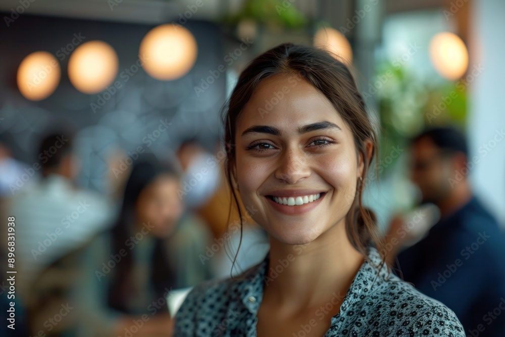 Close-up of a woman smiling and looking confident in a creative workspace, team collaborating in the background, inspiring work environment, Portrait half-body, hyper-realistic, high detail, Close-up of a woman smiling and looking confident in a creative workspace, team collaborating in the background, inspiring work environment, Portrait half-body, hyper-realistic, high detail,