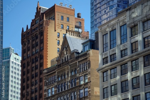 Various tall buildings standing tall against a bright sunny sky, Emphasize the unique character of each building in the skyline, from the Art Deco to the Art Nouveau