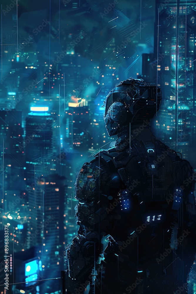 Cyberpunk Warrior with Glowing Blue Eyes Overlooking Dystopian Cityscape at Night with Orange and Yellow Lighting Cyberpunk Warrior with Glowing Blue Eyes Overlooking Dystopian Cityscape at Night with Orange and Yellow Lighting