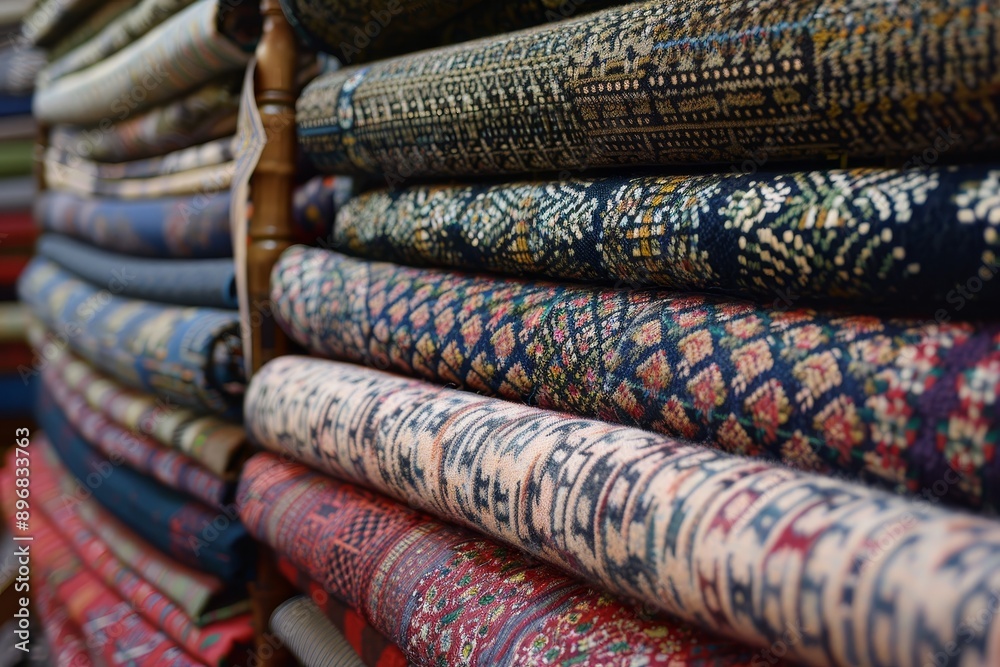 A collection of vibrant rugs stacked in a market for sale, Emulate the textures and patterns of various fabrics found in a department store A collection of vibrant rugs stacked in a market for sale, Emulate the textures and patterns of various fabrics found in a department store