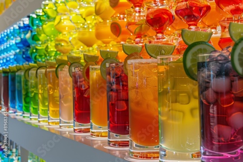 Assorted cocktails displayed in a row along the wall in various vibrant colors, ready for enjoyment, Endless rows of cocktails in all colors and flavors imaginable photo