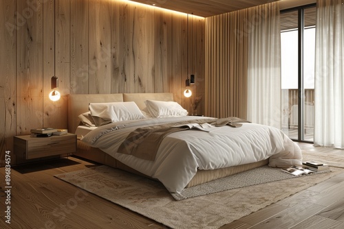Modern Bedroom Interior 3D Rendering with Neutral Tones Bed, Chest, Rug, Wood Paneling, and Soft Lighting - Minimalist Design with Floor to Ceiling Windows and Magazine on Side Table