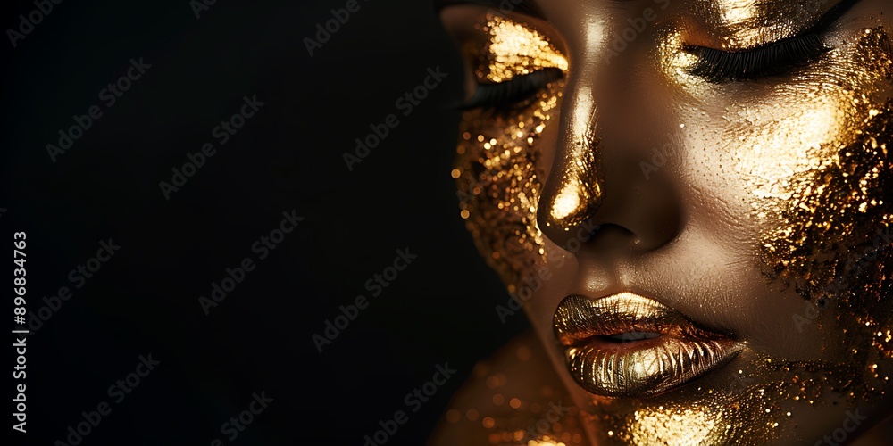 Model of a girl with shiny golden professional makeup Model of a girl with shiny golden professional makeup