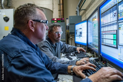 Two engineers focused on computer screens, analyzing system performance in a factory setting, Engineers analyze system performance through a SCADA system photo