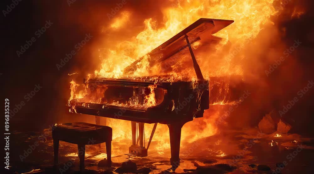 A loopable video of a piano engulfed in flames, symbolizing intense passion and destruction, perfect for dramatic and impactful visual storytelling. Generative AI