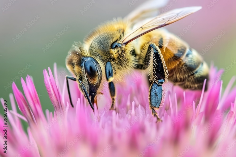 A hardworking bee collects nectar on a flower. Beekeeping development concept.
A hardworking bee collects nectar on a flower. Beekeeping development concept.
