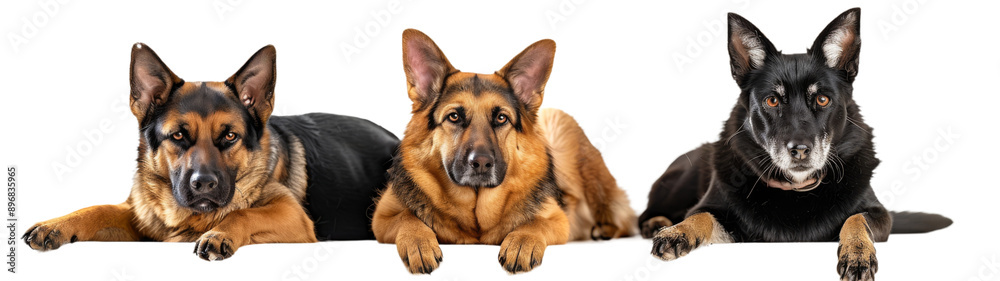Three German Shepherd Dogs Laying on White Background Three German Shepherd Dogs Laying on White Background