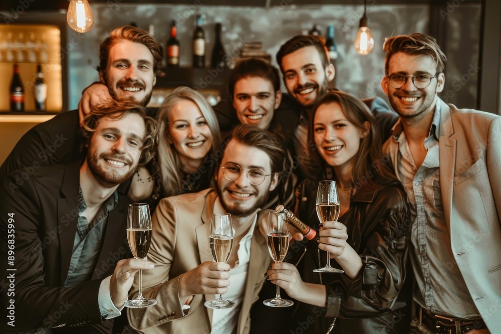 Entrepreneurs gathered at a bar, posing for a group photo with champagne glasses in hand, Entrepreneurs posing for a group photo with champagne in hand Entrepreneurs gathered at a bar, posing for a group photo with champagne glasses in hand, Entrepreneurs posing for a group photo with champagne in hand