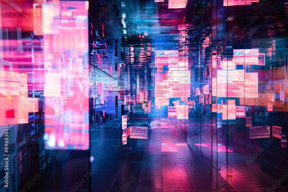 Naklejka premium Neon lights casting a blurry glow in a dark hallway, Error messages floating in a digital void