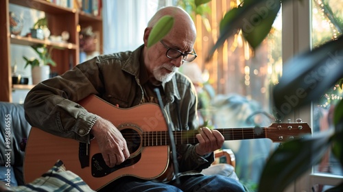 An older man sits on a couch near a window, playing an acoustic guitar. He has a beard and glasses, and is wearing a brown jacket photo