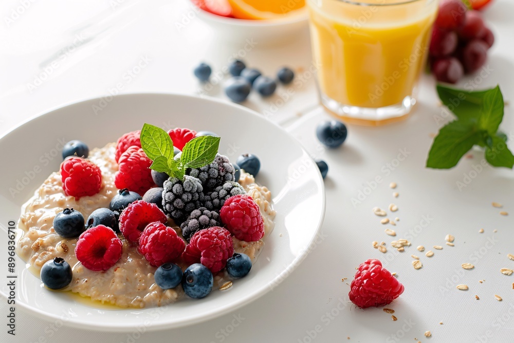 A bowl of oatmeal topped with fresh raspberries, blackberries, and blueberries, served with a glass of orange juice A bowl of oatmeal topped with fresh raspberries, blackberries, and blueberries, served with a glass of orange juice