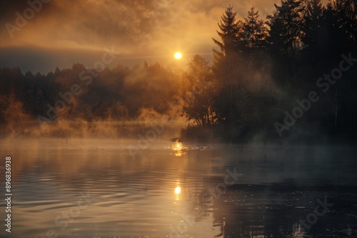 The sun rising above a tranquil lake, illuminating the fog lingering among the trees, Ethereal mist diffusing the brightness of dawn