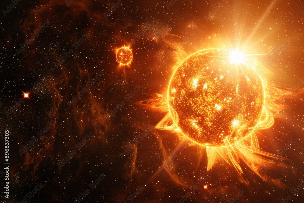 Fototapeta premium 3D rendering of the glowing sun with a black background, radiating light and energy, fiery orange colors creating warmth and vitality, symbolizing cosmic beauty and the uniqueness of stars.