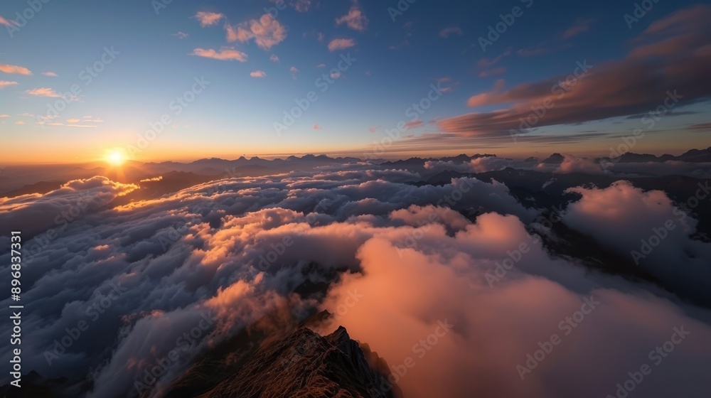 Sunset above the clouds in the Alps mountains, showcasing a vibrant and breathtaking panorama with orange and pink hues Sunset above the clouds in the Alps mountains, showcasing a vibrant and breathtaking panorama with orange and pink hues