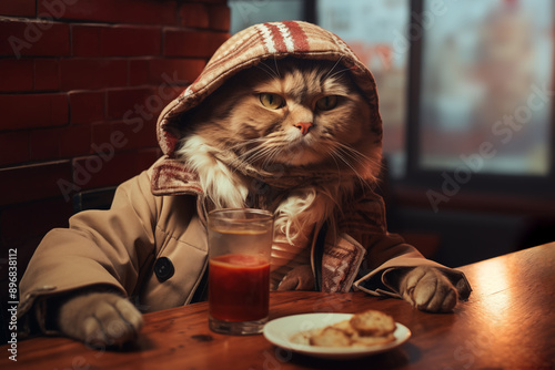 A cat in a cafe at a table with a drink.