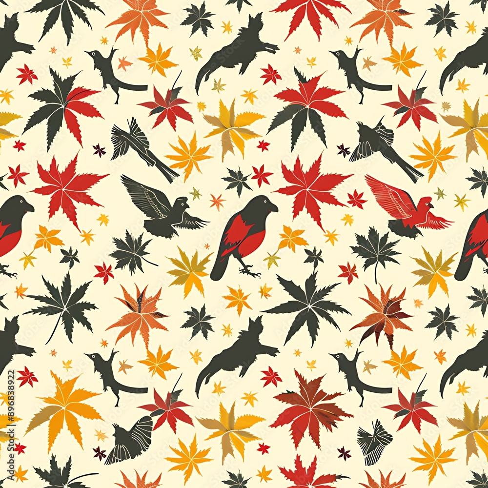 autumn leaves seamless pattern with animal