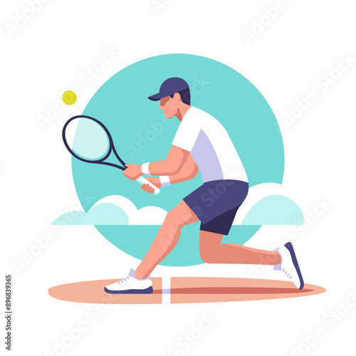 Playing Tennis. Popular sport. Male tennis player runs to hit the ball with a racket. Vector illustration.