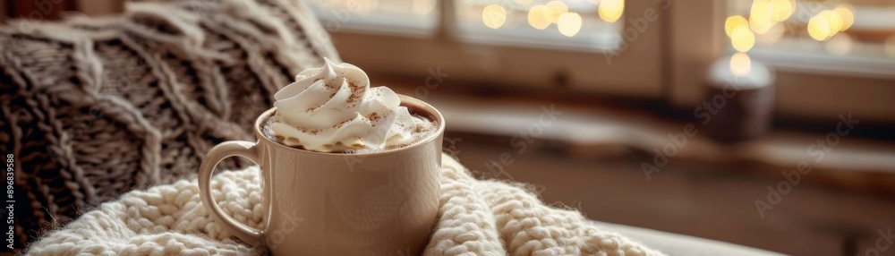 Cozy Winter Evening Indulgence - Creamy Hot Chocolate with Whipped Cream in Warm Living Room Ambiance Cozy Winter Evening Indulgence - Creamy Hot Chocolate with Whipped Cream in Warm Living Room Ambiance