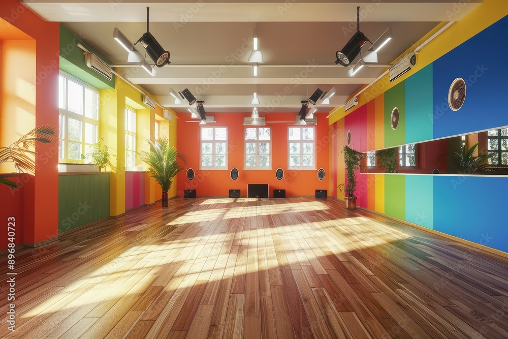 Obraz premium Empty Dance Studio with Colorful Walls and Wooden Floor