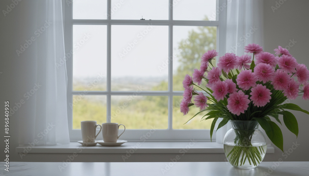 Glass vase with beautiful flowers on window sill in room, space for text Glass vase with beautiful flowers on window sill in room, space for text