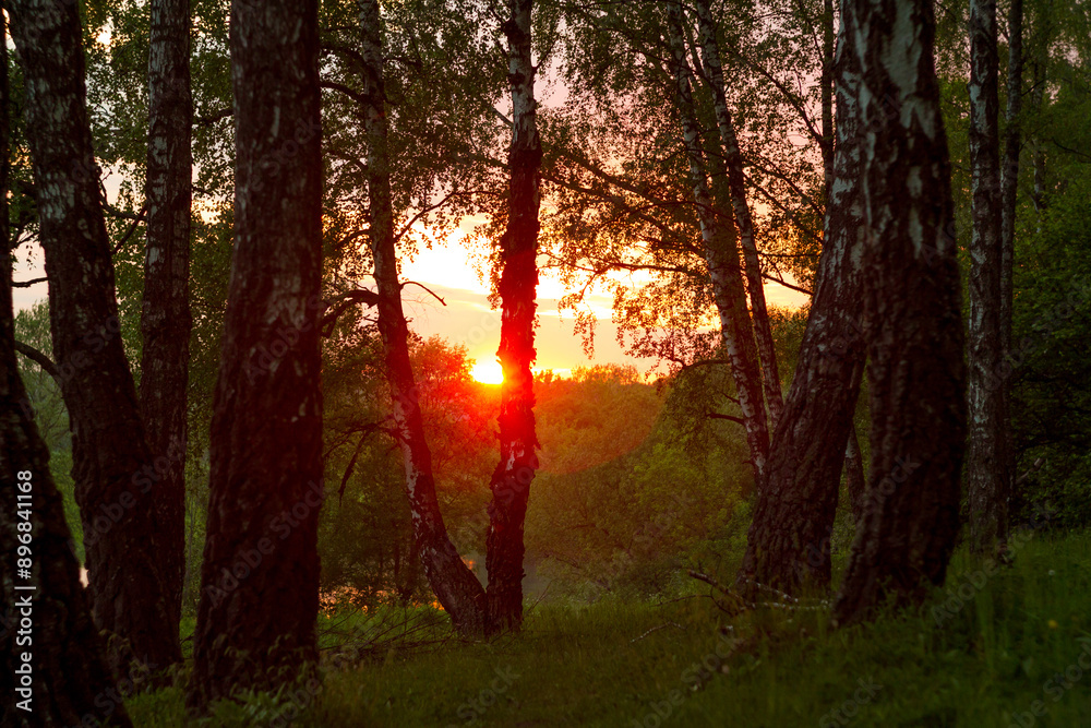Obraz premium A bright red sun setting on the horizon