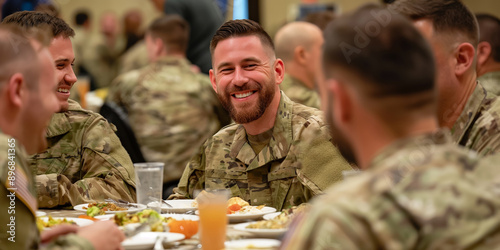 Military Personnel Enjoying a Meal Together in a Mess Hall