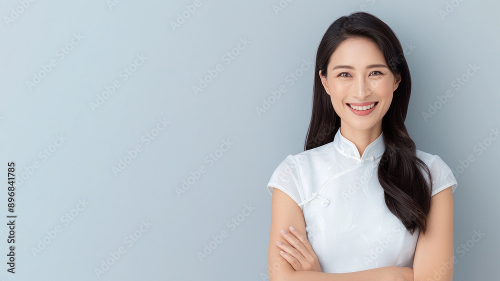 Chinese female smile in traditional culture dress cheongsam, ethnicity Chinese female smile in traditional culture dress cheongsam, ethnicity