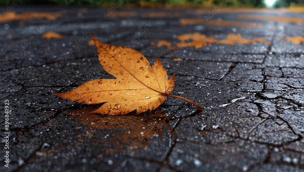 a single brown leaf lying on a wet paved road a single brown leaf lying on a wet paved road