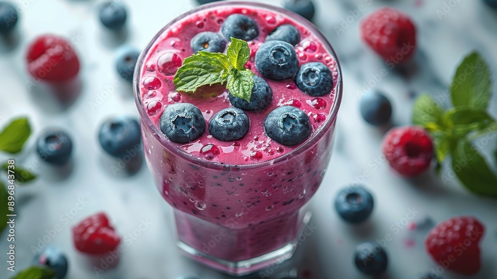 Fresh Berry Smoothie with Blueberries and Raspberries in a Glass Garnished with Mint Leaves on a Marble Surface Fresh Berry Smoothie with Blueberries and Raspberries in a Glass Garnished with Mint Leaves on a Marble Surface