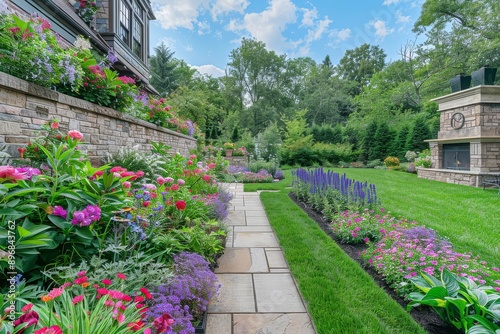 Beautifully designed backyard garden with colorful flowers, lush green grass, stone walls, outdoor fireplace, and a small path leading to a brick wall, showcasing a vibrant lawn and decorative stones. © JIALU