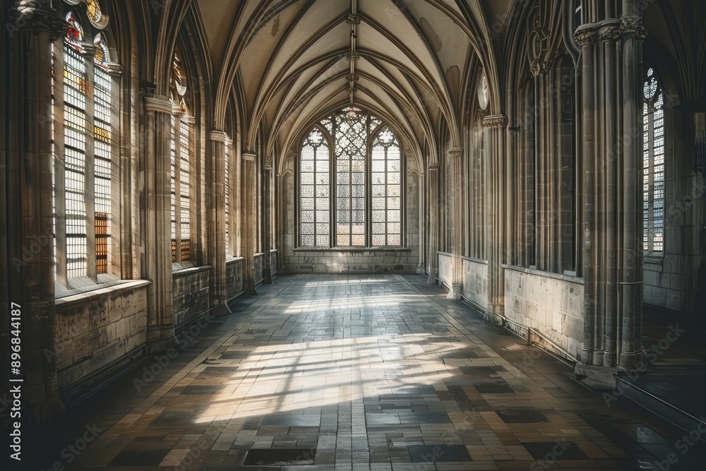 An empty church featuring prominent arches and large windows, Experiment with the use of symmetry and repetition in the design of Gothic facades and interiors An empty church featuring prominent arches and large windows, Experiment with the use of symmetry and repetition in the design of Gothic facades and interiors