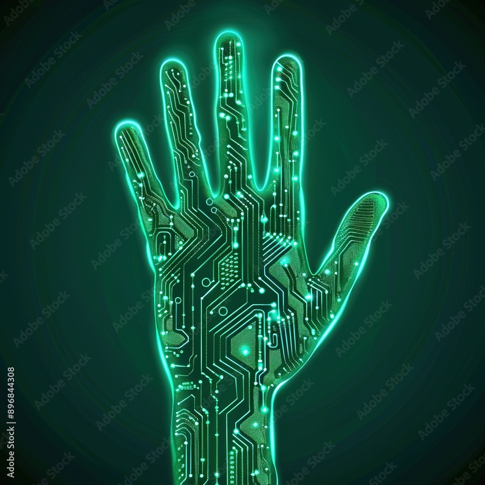 flat vector graphics illustration against a blue neon Light background, computer art, 2D game art, circuitry in the shape of an outstretched palm with five fingers wide open using flat colors and a wh flat vector graphics illustration against a blue neon Light background, computer art, 2D game art, circuitry in the shape of an outstretched palm with five fingers wide open using flat colors and a wh
