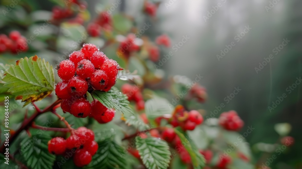 Uncommon berries, forest setting, morning dew, Photo style Uncommon berries, forest setting, morning dew, Photo style