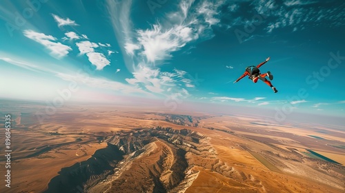 Drone Capturing Skydiver s Free Falling Thrill Against Expansive Landscape. copy space for text. photo