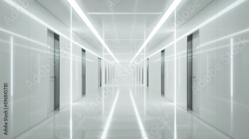 A futuristic hallway with white walls and bright lights, creating a sense of vastness and mystery.
