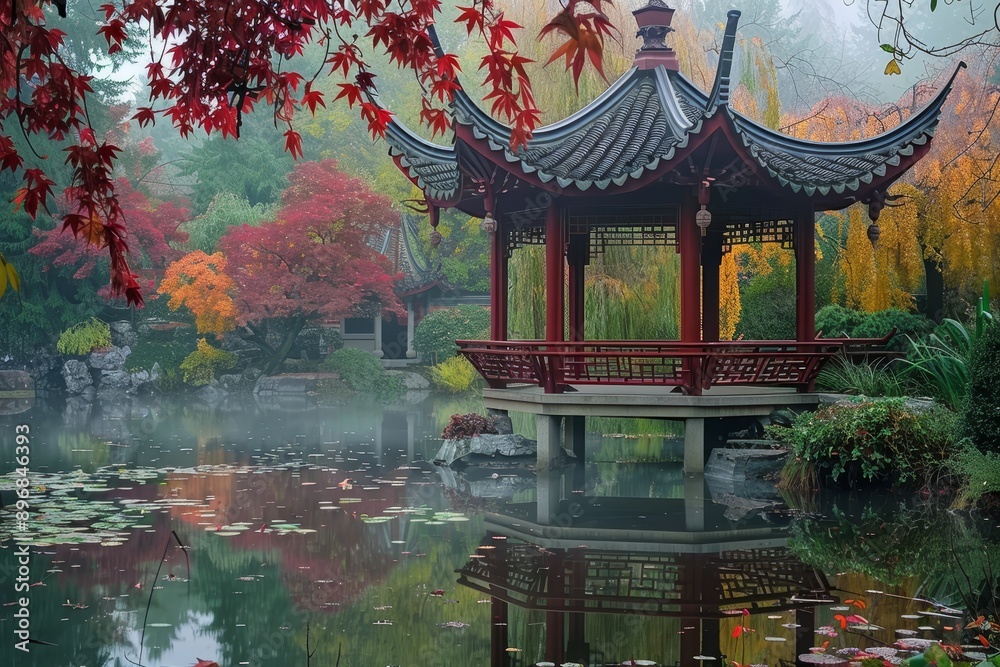 Obraz premium A Chinese pagoda stands surrounded by a tranquil pond, Explore the balance of nature and man-made structures in Chinese gardens