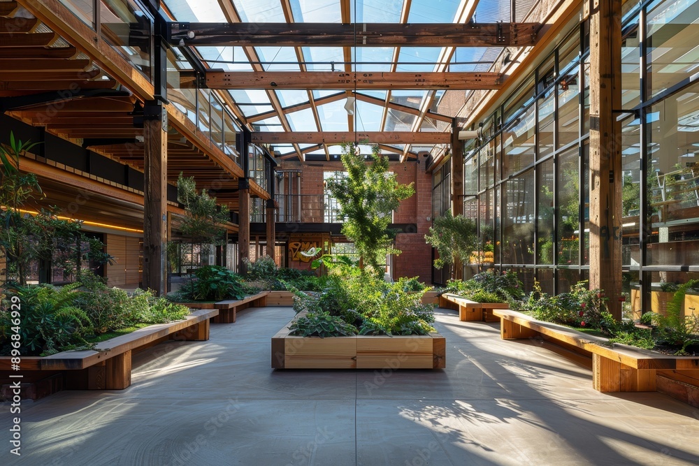 Courtyard featuring benches and plants enclosed within a glass building, Explore the concept of adaptive reuse by repurposing an existing building for sustainable practices Courtyard featuring benches and plants enclosed within a glass building, Explore the concept of adaptive reuse by repurposing an existing building for sustainable practices