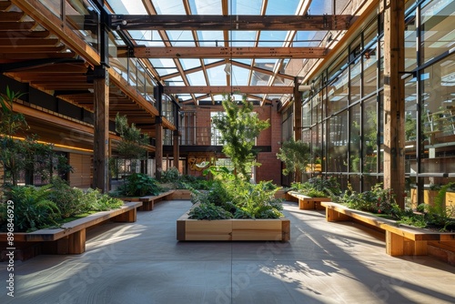 Courtyard featuring benches and plants enclosed within a glass building, Explore the concept of adaptive reuse by repurposing an existing building for sustainable practices