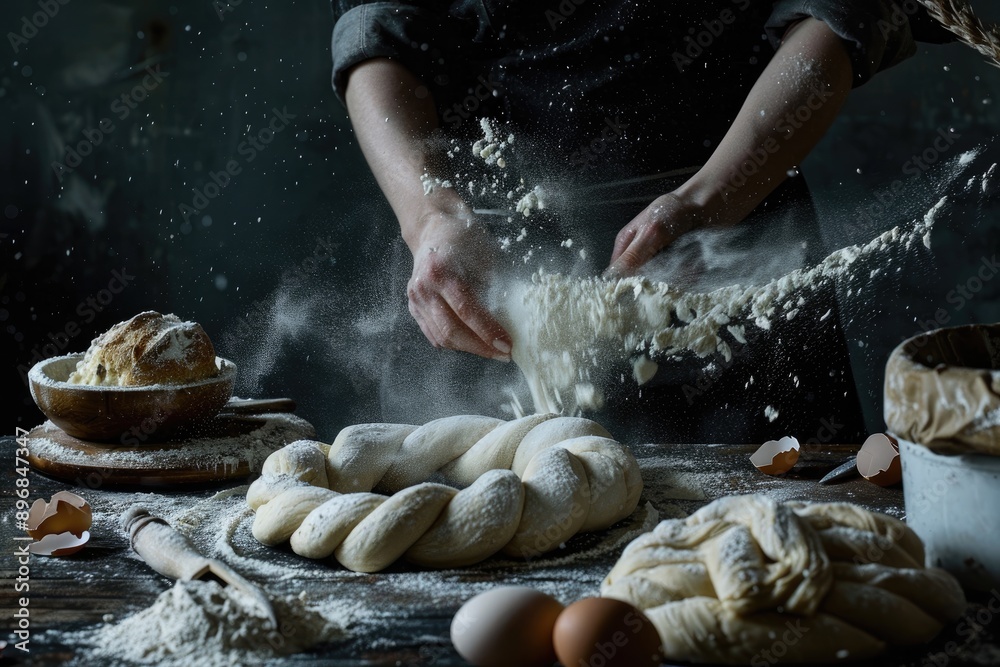Baker Dusted with Flour Making Braided Bread Baker Dusted with Flour Making Braided Bread