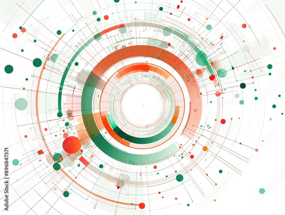 Abstract vector illustration of geometric shapes in red, green, and orange forming a circular pattern on a white background, conveying digital technology and data visualization Abstract vector illustration of geometric shapes in red, green, and orange forming a circular pattern on a white background, conveying digital technology and data visualization