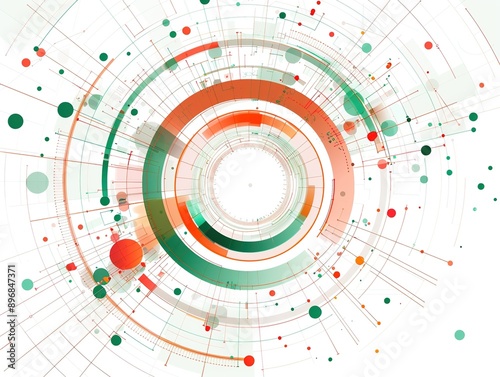 Abstract vector illustration of geometric shapes in red, green, and orange forming a circular pattern on a white background, conveying digital technology and data visualization