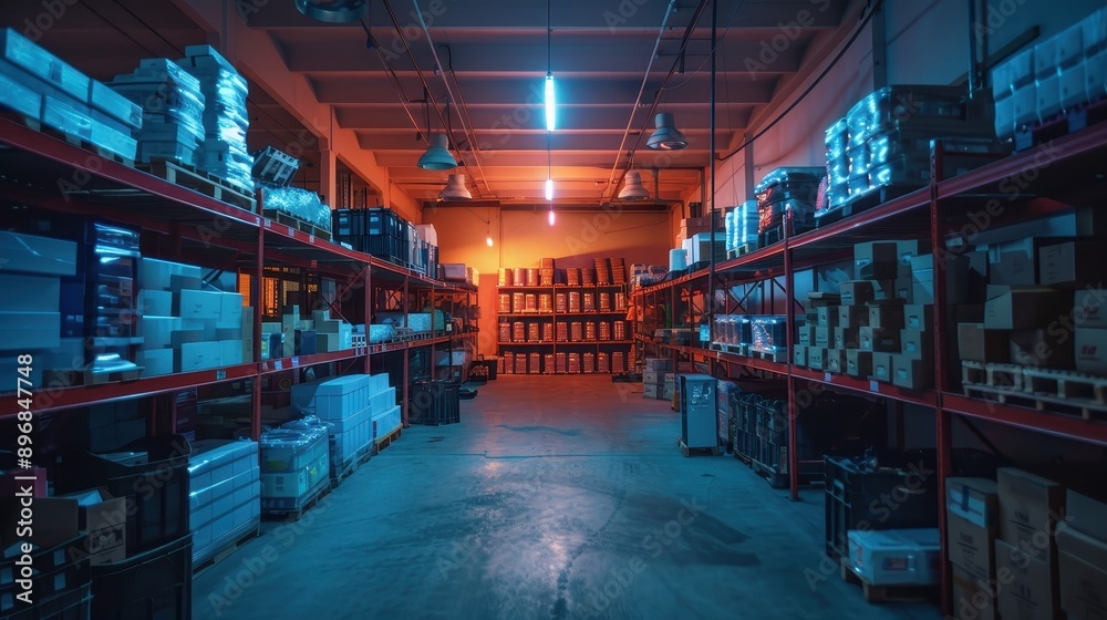 Industrial Warehouse Interior with Storage Shelves and Boxes Industrial Warehouse Interior with Storage Shelves and Boxes