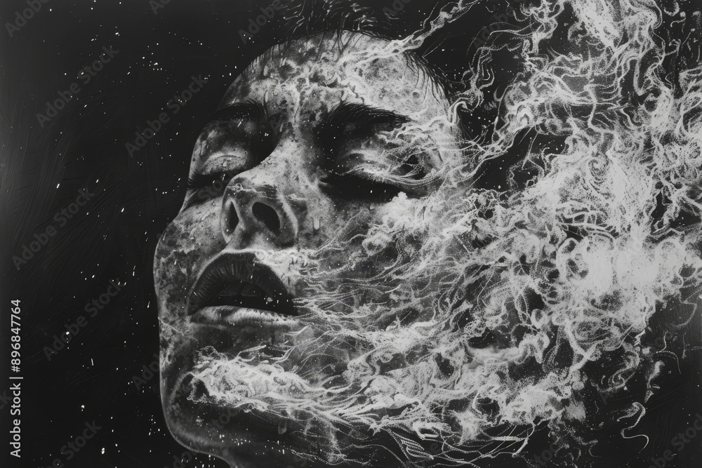 A monochrome illustration showcasing the intricate features of a womans face, capturing the essence of her expression, Explore the gritty texture of noise in your art A monochrome illustration showcasing the intricate features of a womans face, capturing the essence of her expression, Explore the gritty texture of noise in your art