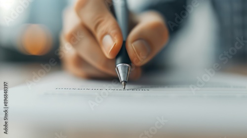 Close-up of Hand Firmly Holding Pen on Contract, Symbolizing Business Agreement, Generative Ai photo